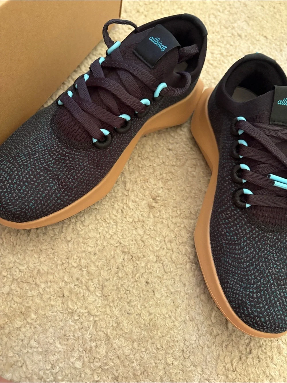 allbirds Women's dasher Black Knit Sneakers with Turquoise Accents and Gum Sole
